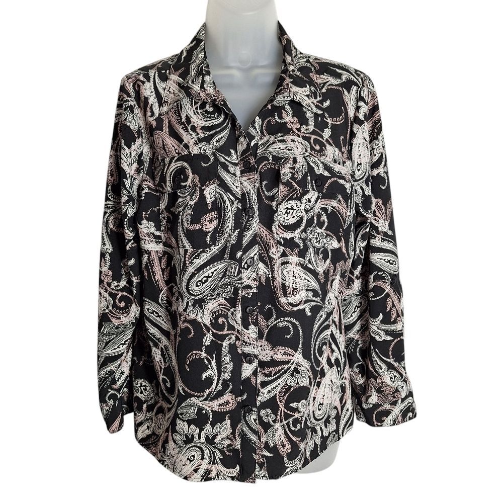 Notations Paisley Button Up  Top Black Pastel Long Sleeve Medium Women